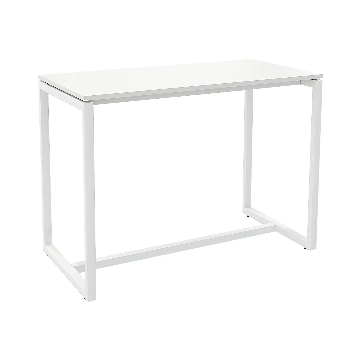 White table with a rectangular tabletop and a white metal frame. The table is standing in front of a white background.
