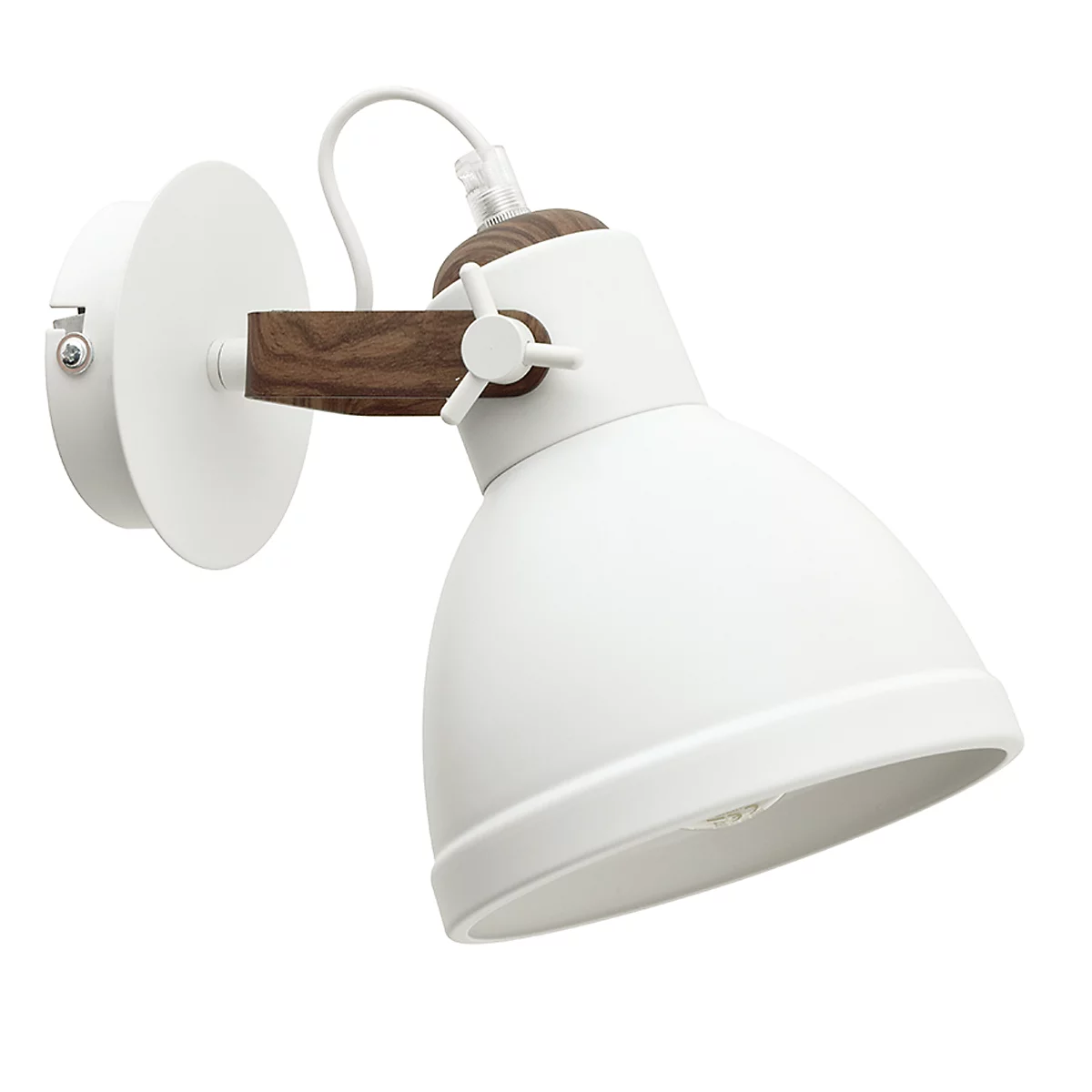 Applique murale, blanche avec des accents en bois. Élément mural rond, tête de lampe pivotante, bras en bois avec écrou à oreilles pour la fixation.