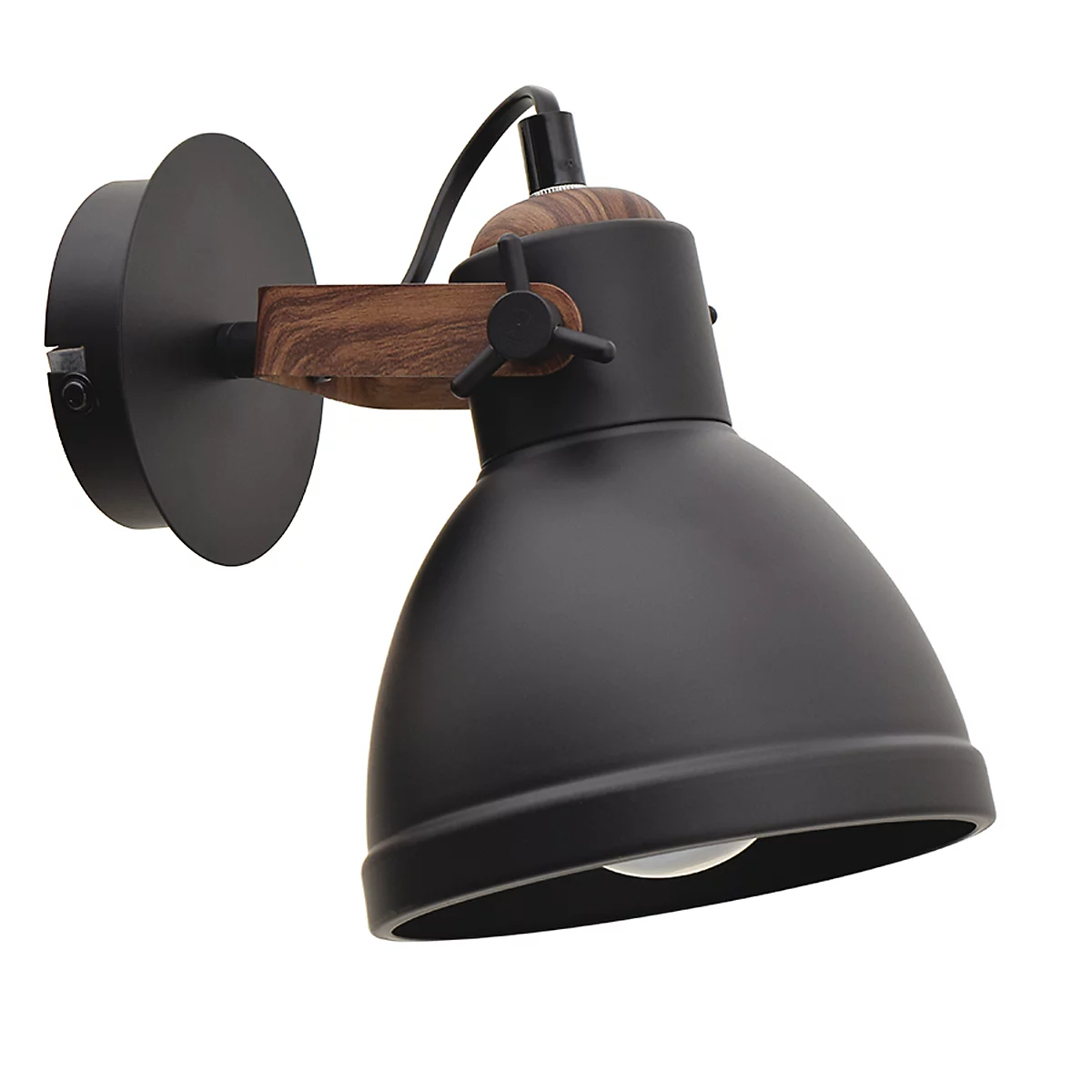 Zwarte wandlamp met houten details, gemonteerd op een witte achtergrond.