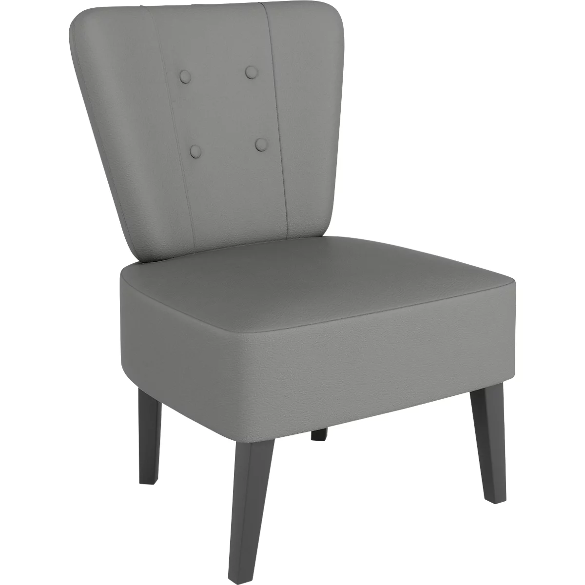 Fauteuil cocktail gris avec boutons dans le dos et pieds foncés.
