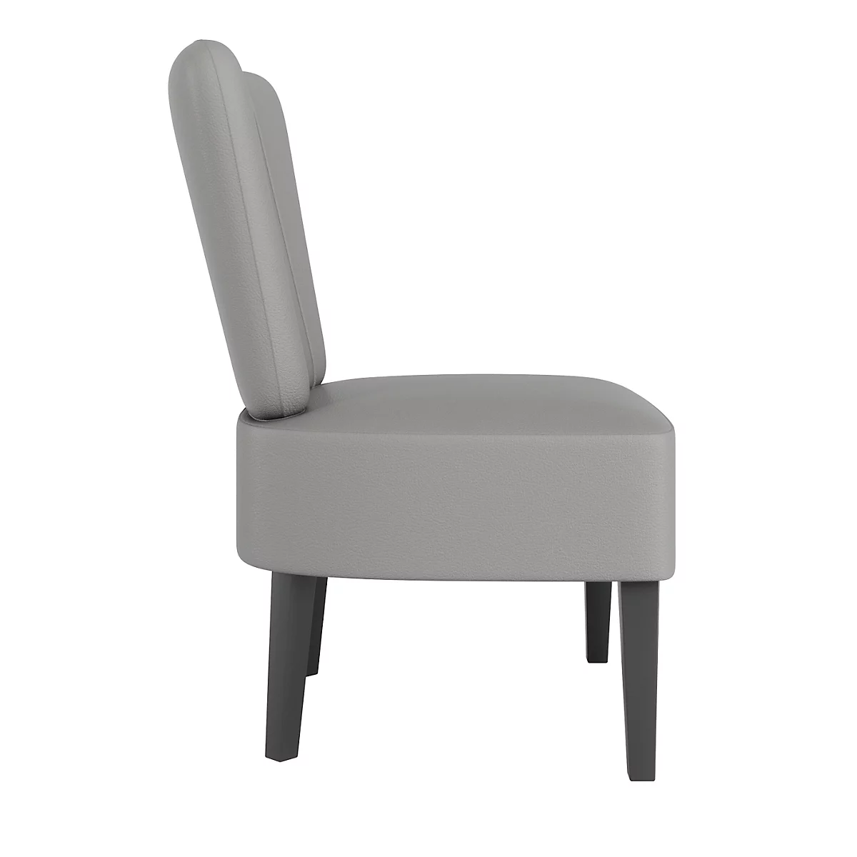 Vue latérale d'une chaise gris clair ; Dossier avec quatre zones légèrement arrondies, assise carrée, pieds foncés.