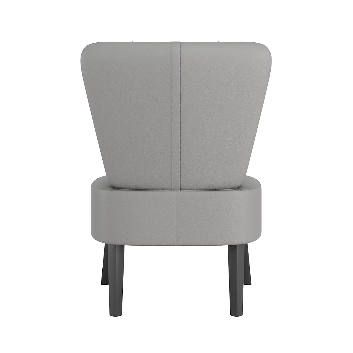 Fauteuil gris rembourré, vue arrière. Pieds en bois de couleur foncée, lignes épurées.
