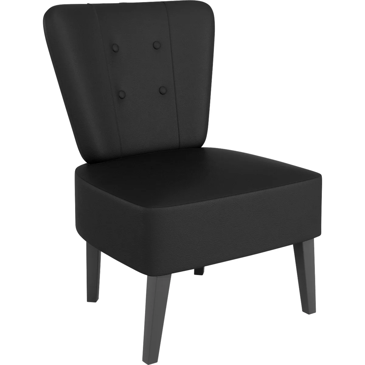 Fauteuil de cocktail noir avec dossier arrondi et quatre pieds en bois.