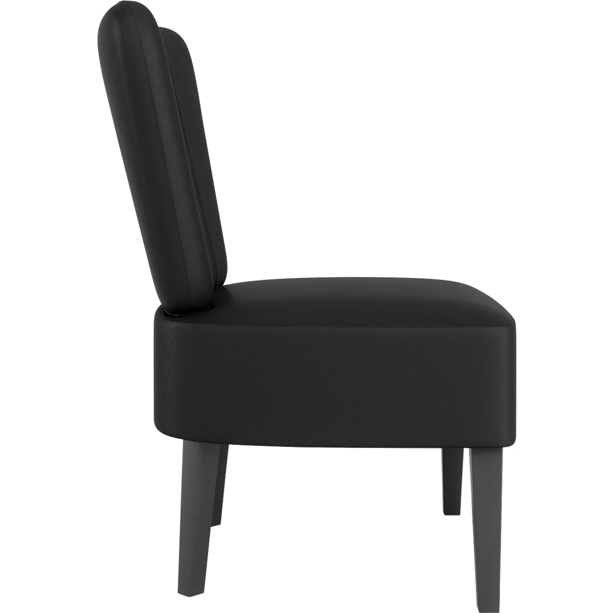 Chaise noire de profil, avec un dossier arrondi et quatre pieds gris.