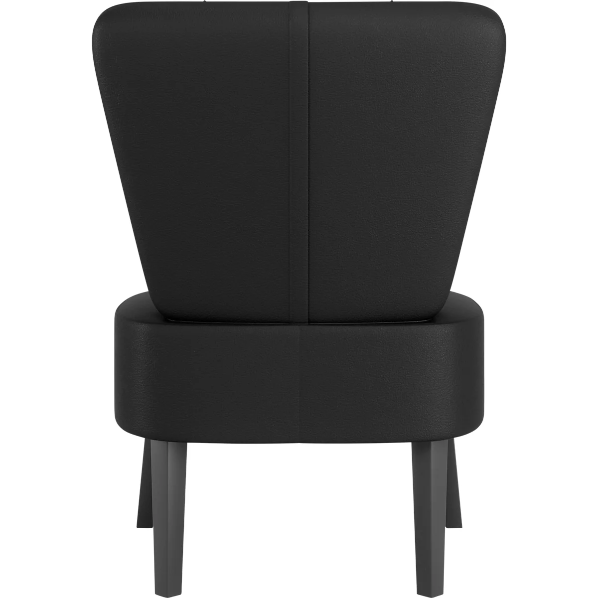 Fauteuil noir, vue arrière. Haut dossier, assise rembourrée, quatre pieds gris foncé.