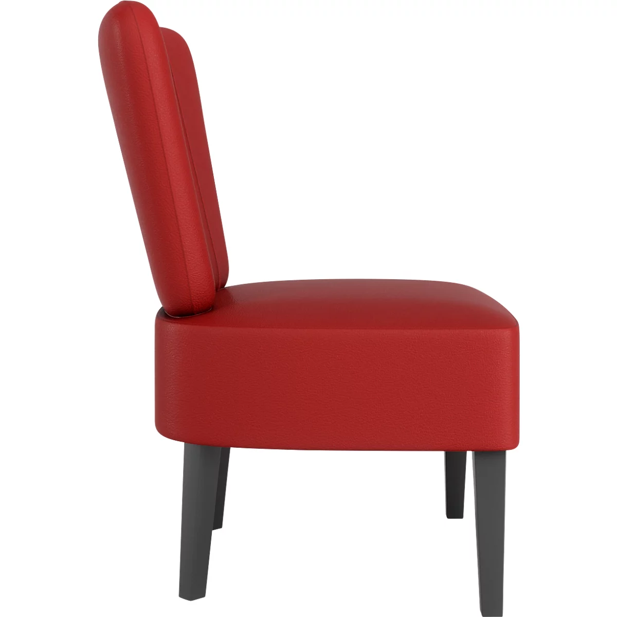 Une chaise rouge, vue de côté. Le dossier a une forme incurvée, les pieds sont gris foncé.