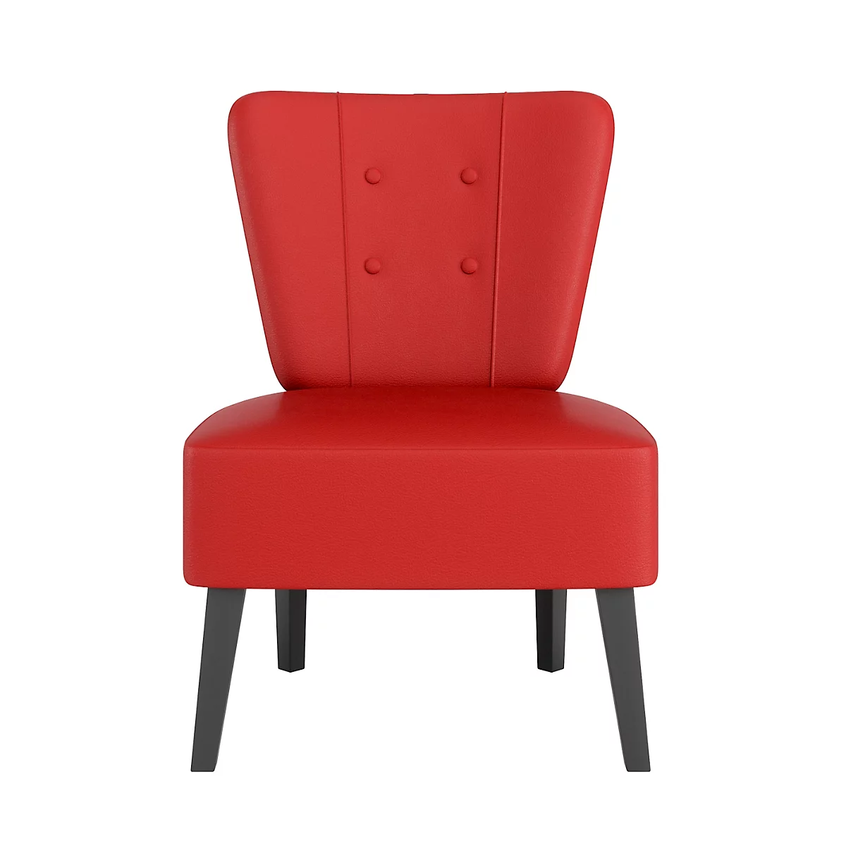 Fauteuil en similicuir rouge avec cadre en bois noir, sur fond blanc.