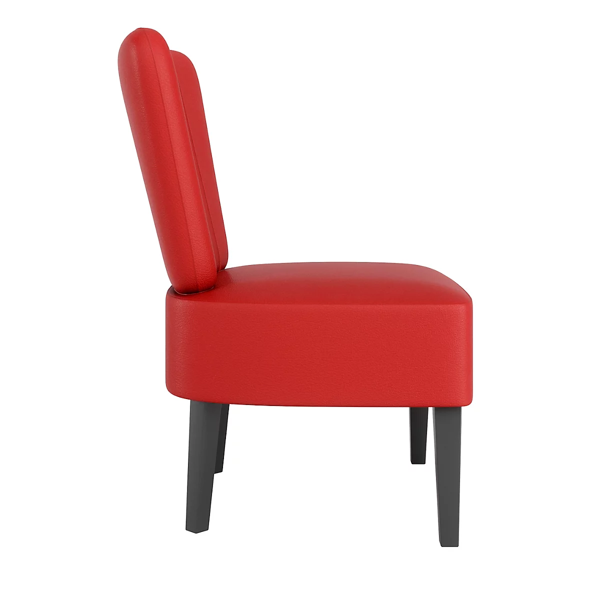 Chaise rouge avec dossier haut et pieds gris. Vue de côté.