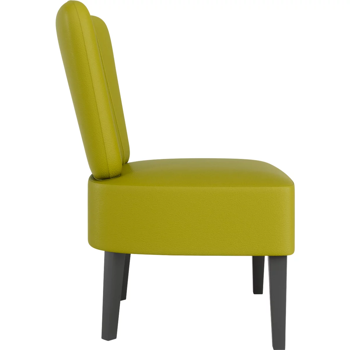 Une chaise verte, vue de côté. Le dossier et l'assise sont verts, les pieds sont gris.