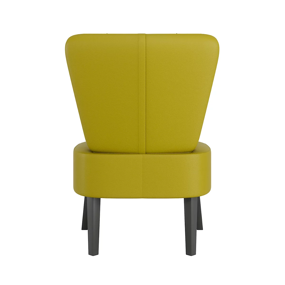 Chaise rembourrée jaune, vue arrière, sur fond blanc. Jambes foncées, dossier haut.
