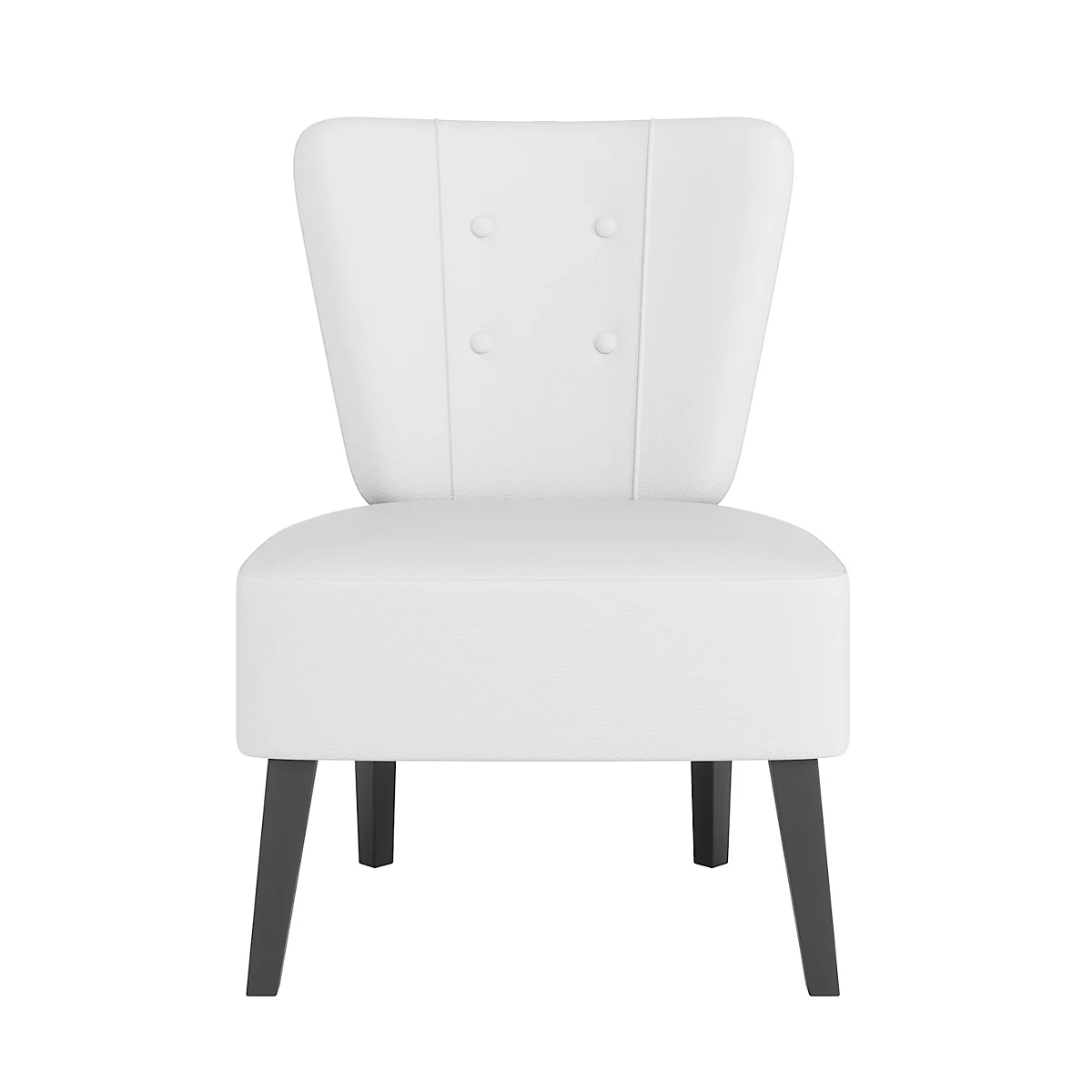 Chaise blanche avec dossier incurvé, pieds noirs et détails boutonnés.