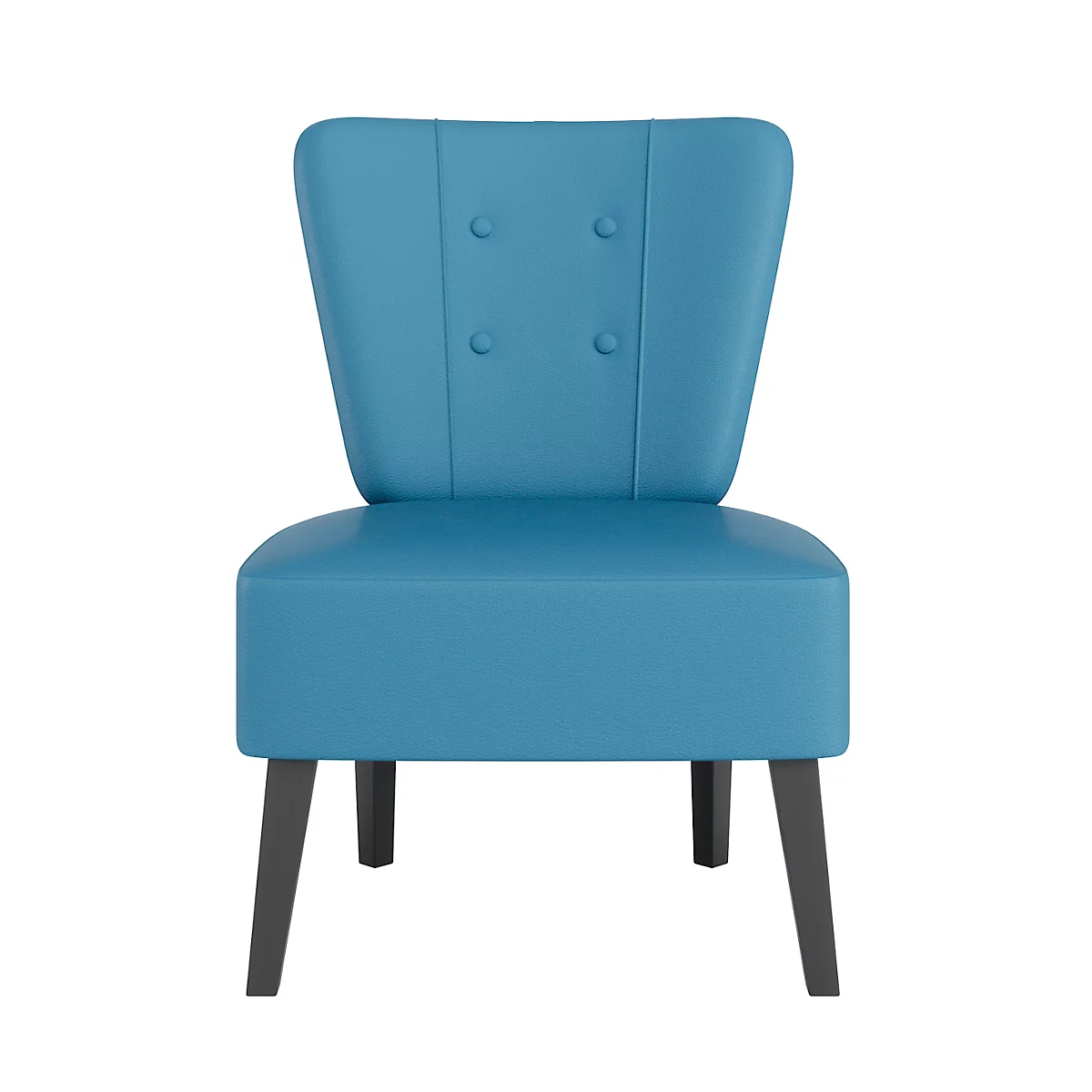 Fauteuil bleu avec quatre pieds sombres. Dossier avec boutons.