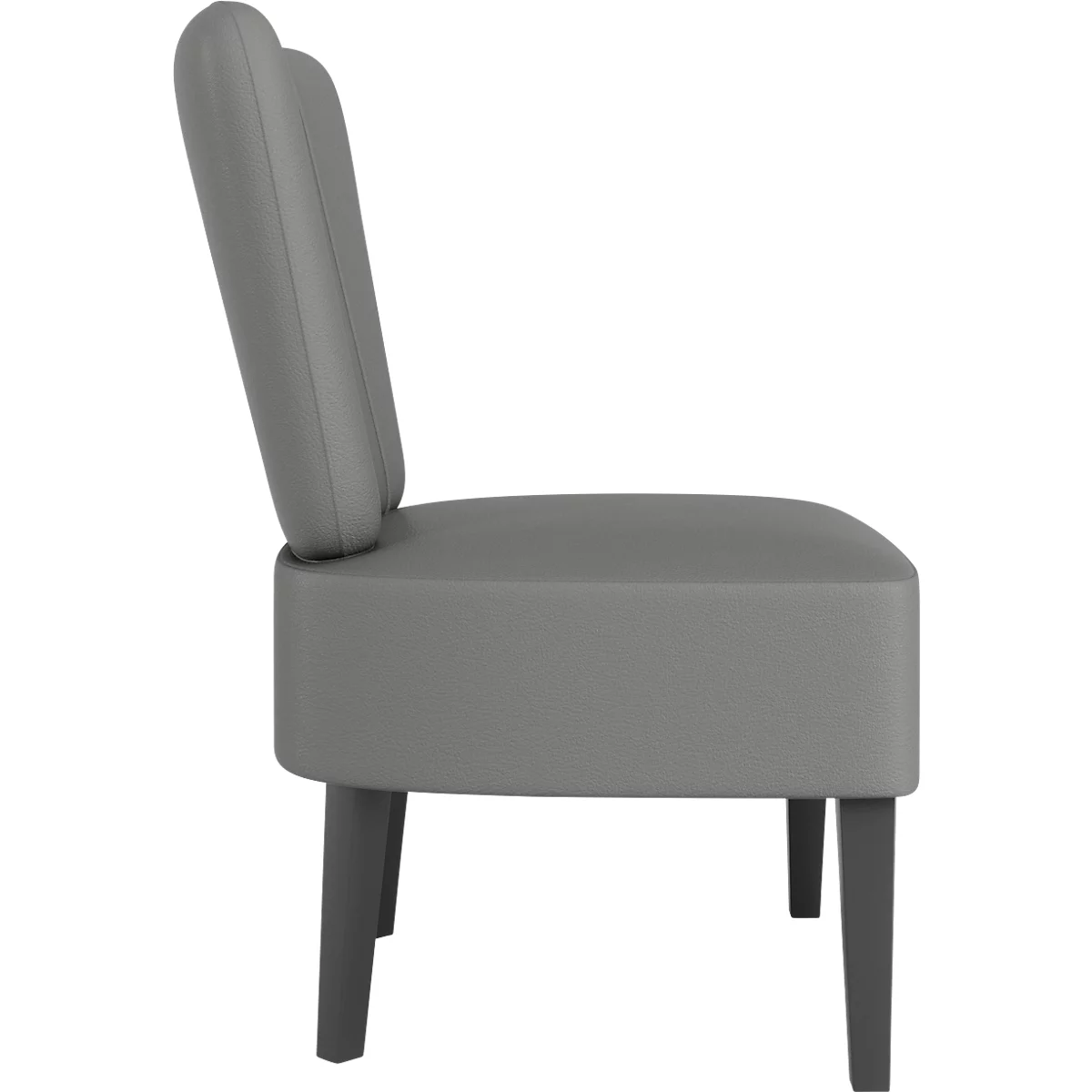 Chaise rembourrée grise vue de côté, avec dossier incurvé et quatre pieds foncés.