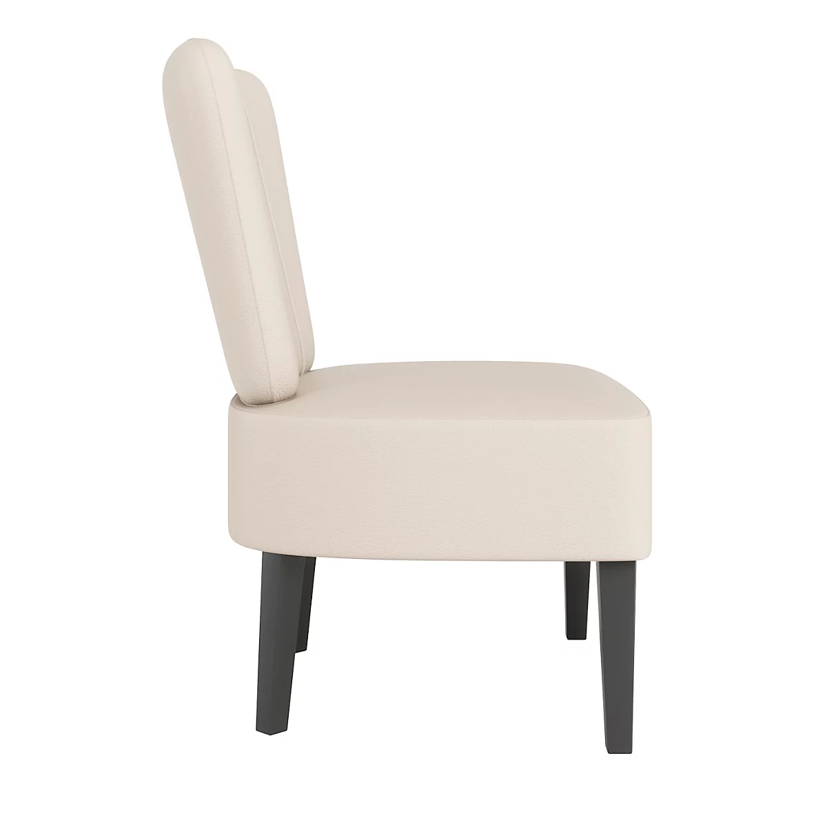 Chaise beige de profil ; assise ronde, dossier fendu, pieds foncés.