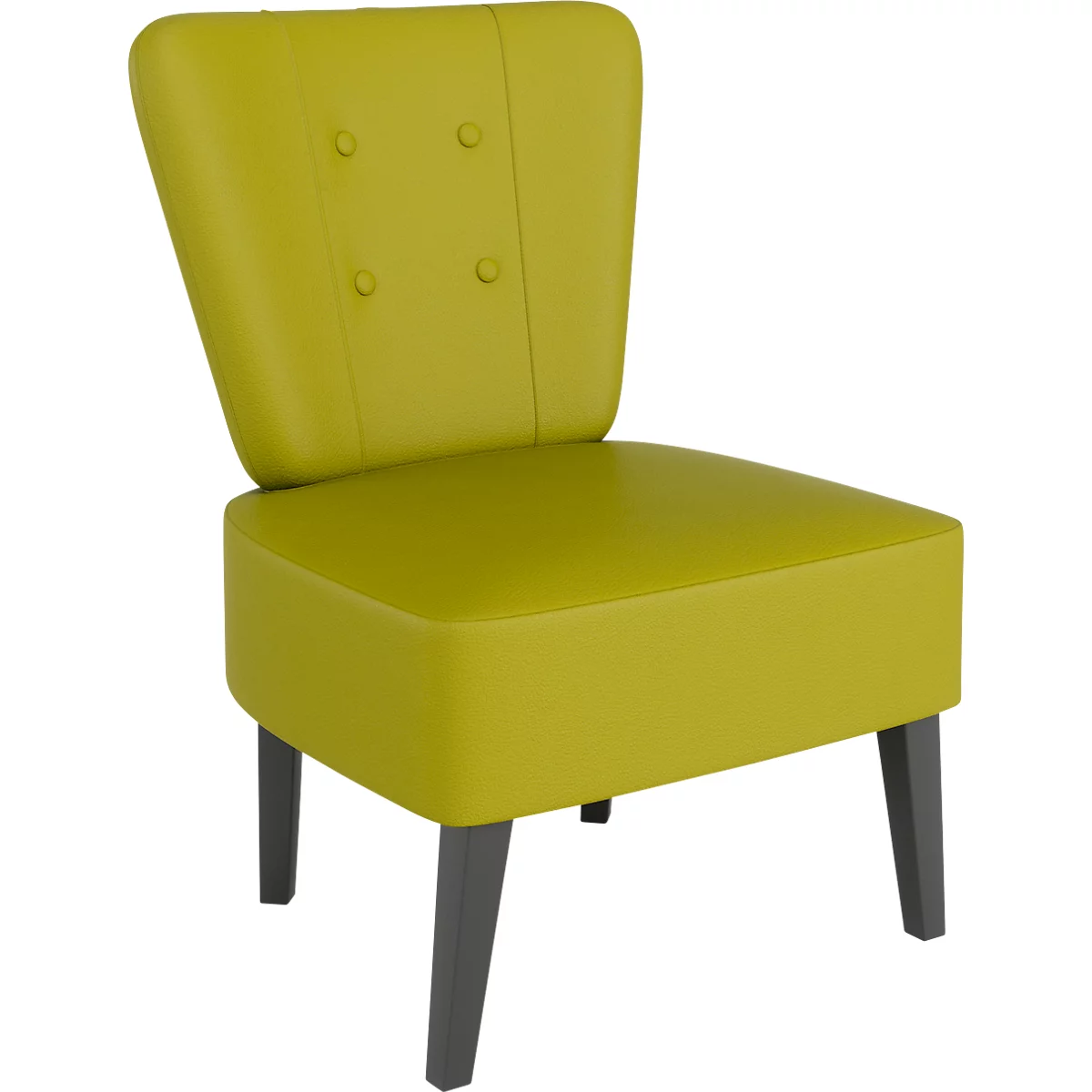 Fauteuil vert clair avec pieds gris. Le dossier comporte trois boutons.