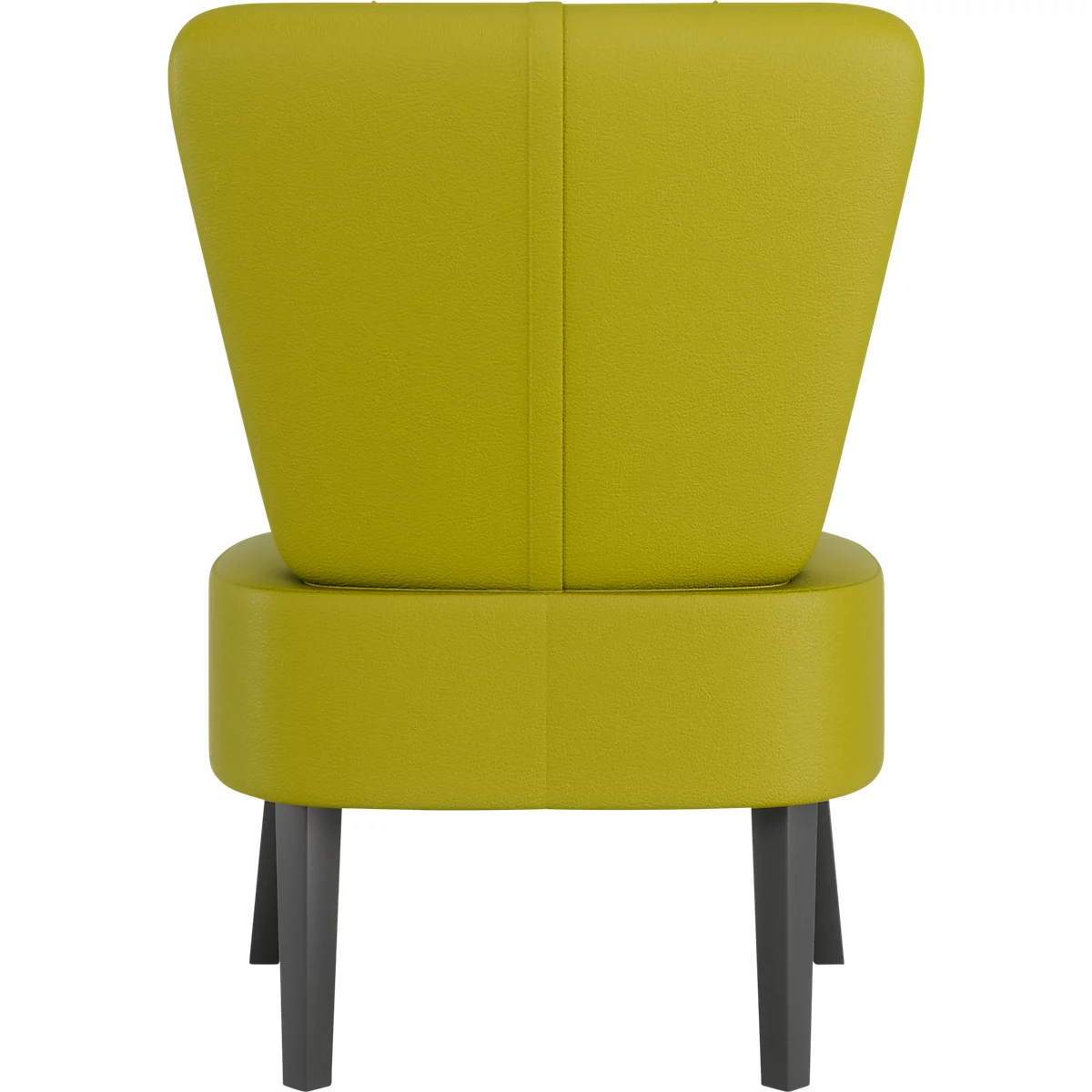 Une chaise verte, vue arrière. Le dossier est trapézoïdal, l'assise cylindrique, les pieds gris.