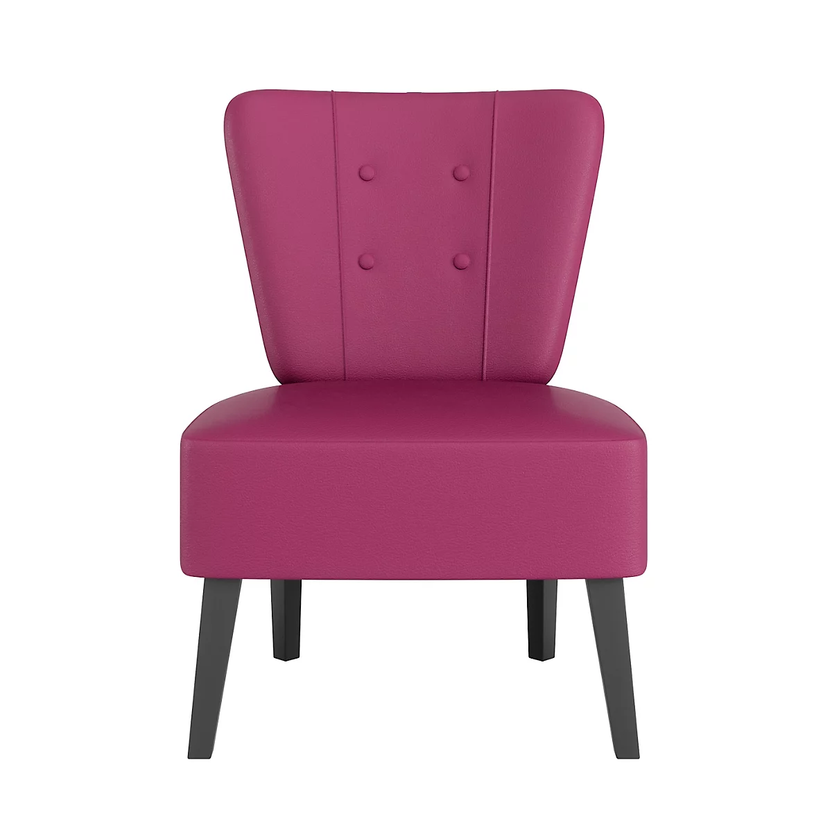 Petite chaise bordeaux avec quatre pieds foncés et des boutons décorant le dossier.