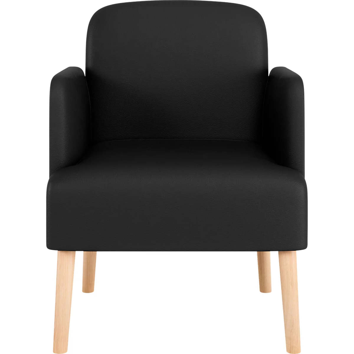 Fauteuil noir avec pieds en bois clair.