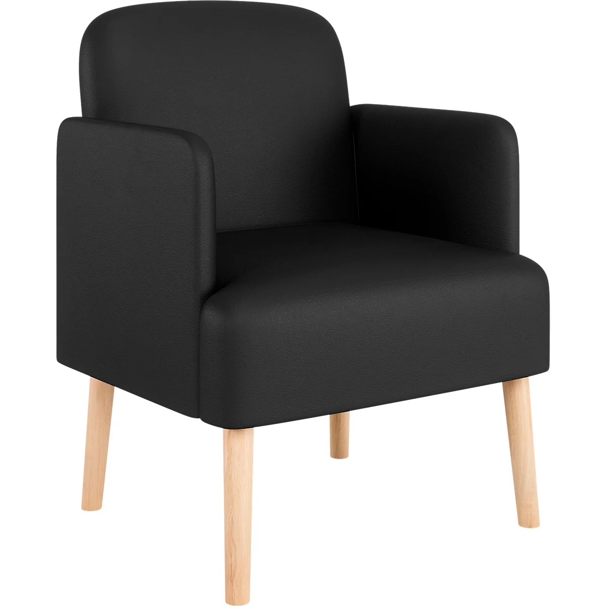 Fauteuil noir avec pieds en bois clair. Accoudoirs et dossier arrondis.