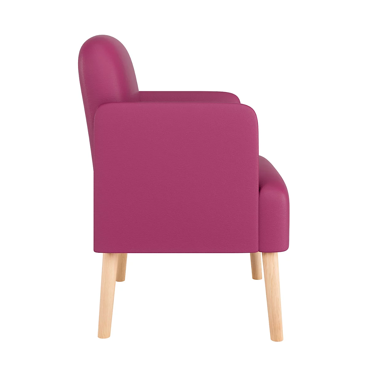 Un fauteuil magenta, vue de côté. Rembourrage avec pieds en bois.