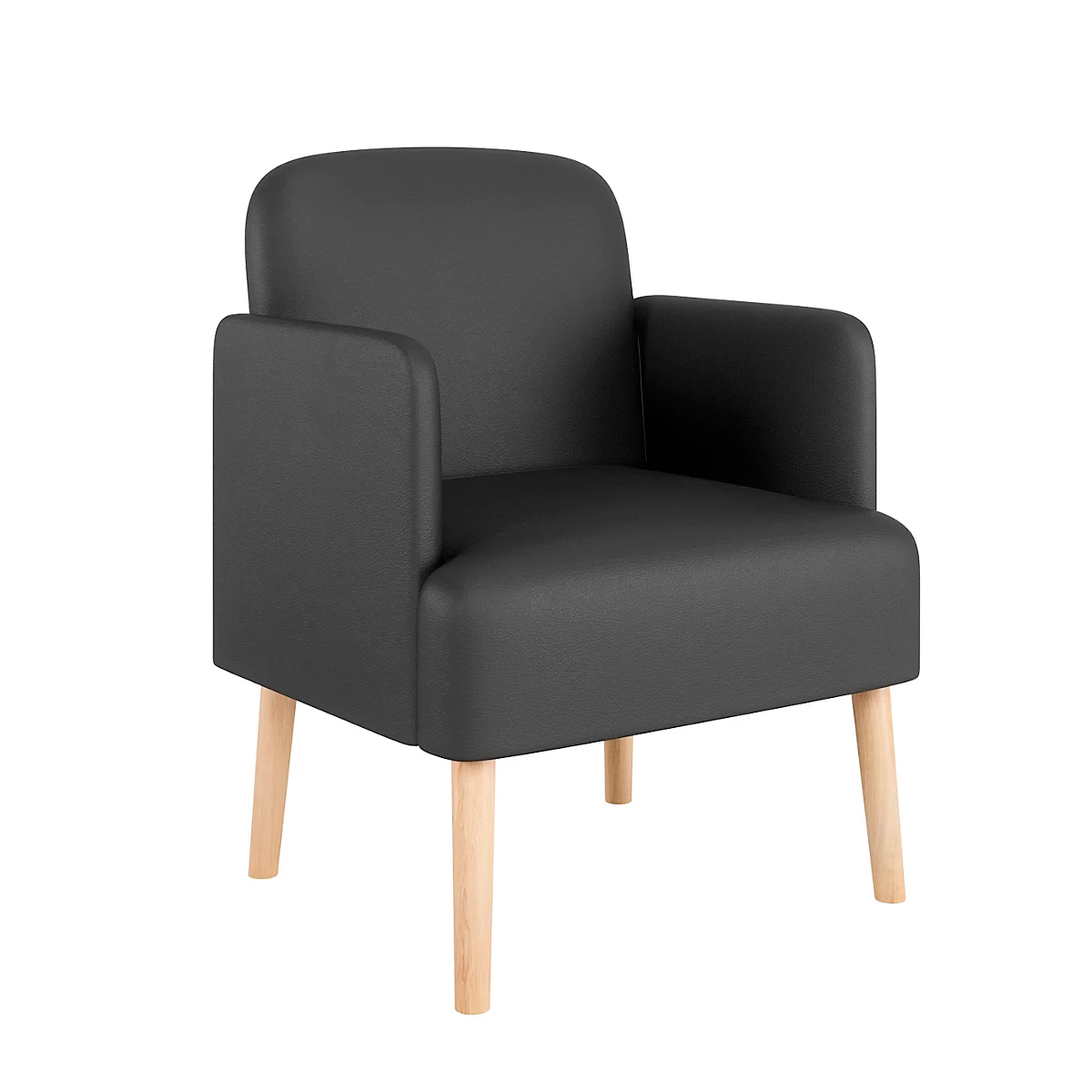 Fauteuil noir avec pieds en bois clair. Forme arrondie avec accoudoirs.