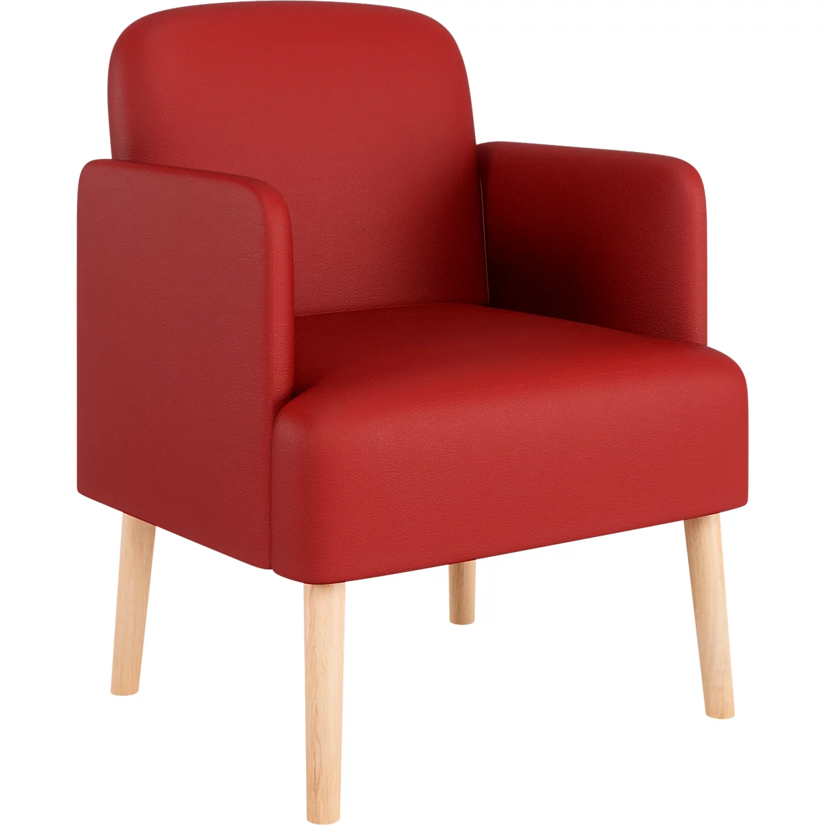 Fauteuil rouge avec pieds en bois; les accoudoirs sont arrondis.