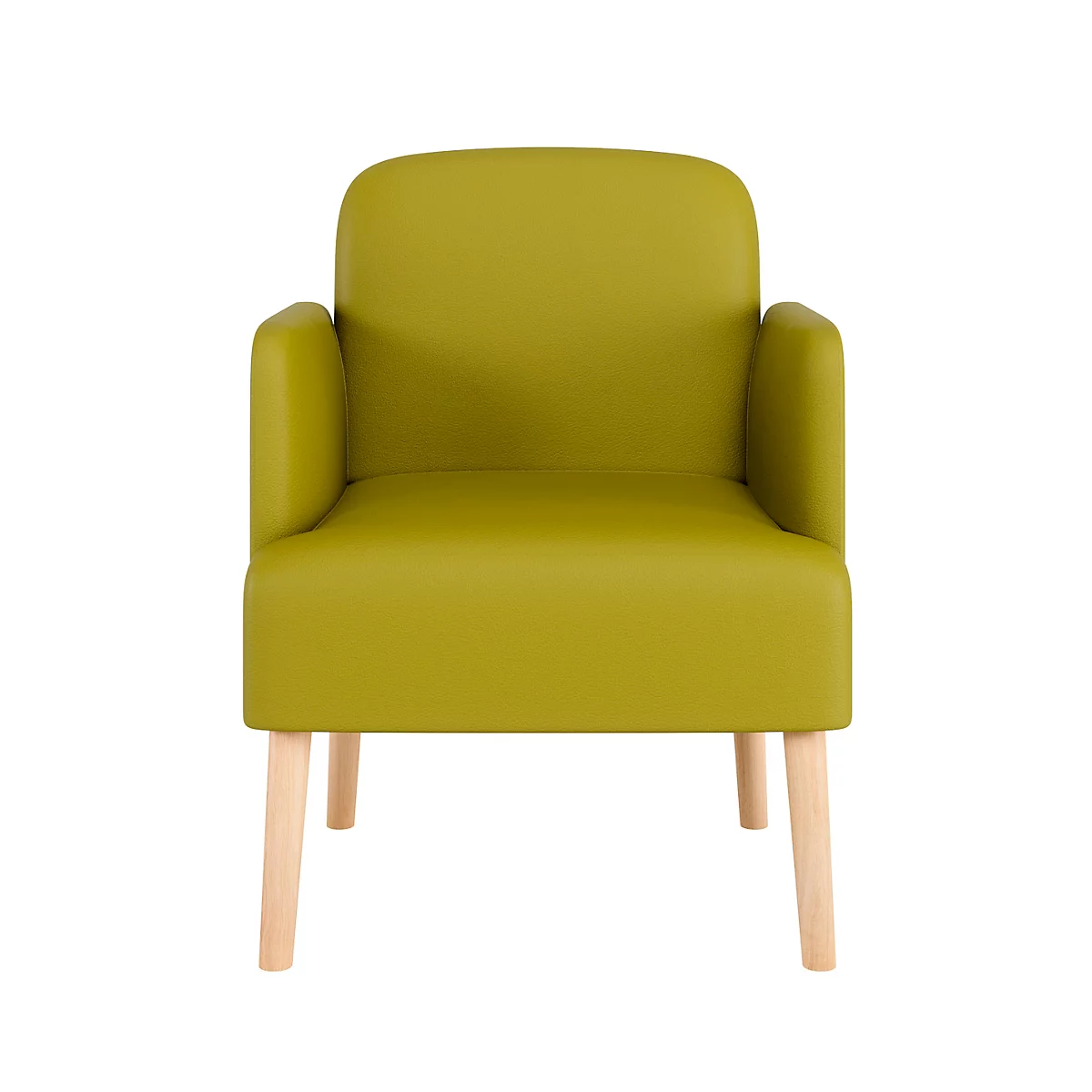 Fauteuil vert clair avec pieds en bois, sur fond blanc.