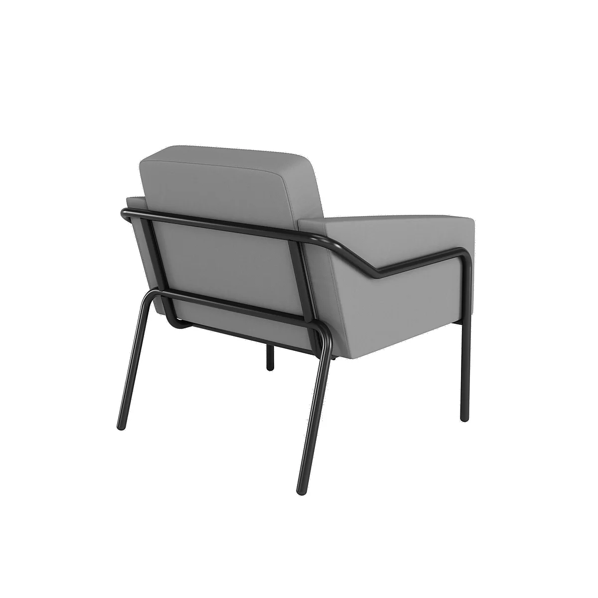 Fauteuil gris avec cadre en métal noir, vue de l'arrière gauche. Le dossier et l'assise sont rectangulaires.