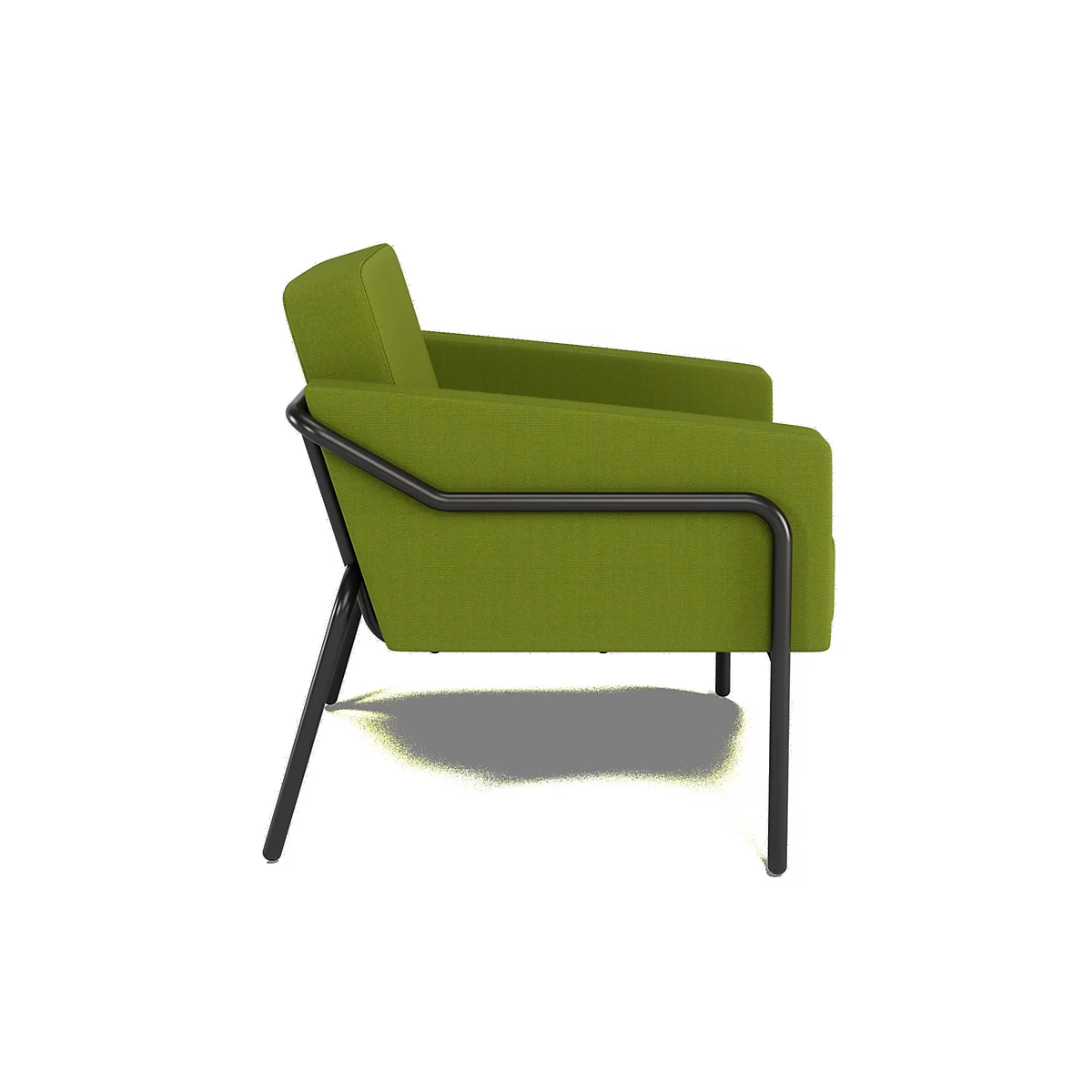 Un fauteuil vert avec une structure en métal noir, vue de côté sur fond blanc.