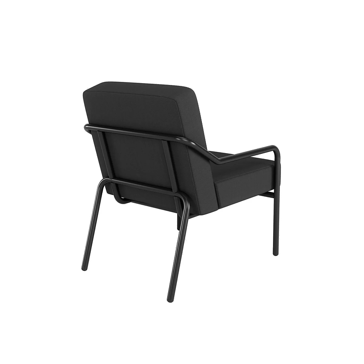 Fauteuil noir de dos, avec cadre et pieds en métal, sur fond blanc.