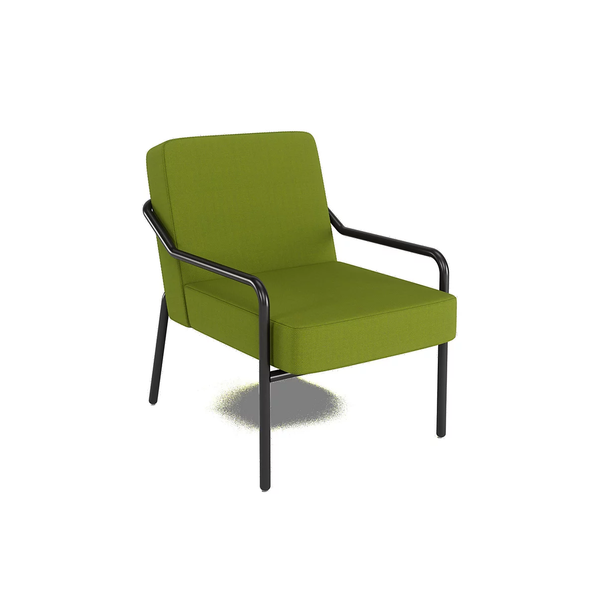 Fauteuil vert avec cadre et pieds noirs. Assise, dossier et accoudoirs rembourrés.