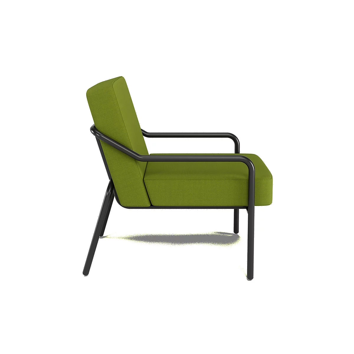 Un fauteuil vert avec une structure noire, vue de côté.