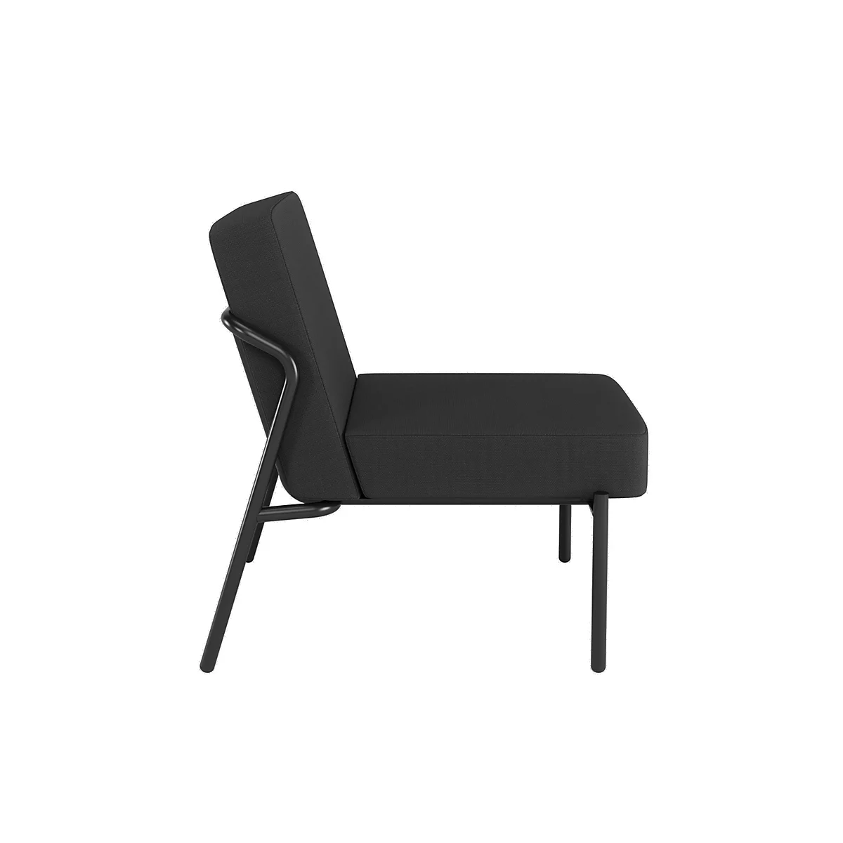 Fauteuil noir, vue latérale, assise rectangulaire, cadre métallique.