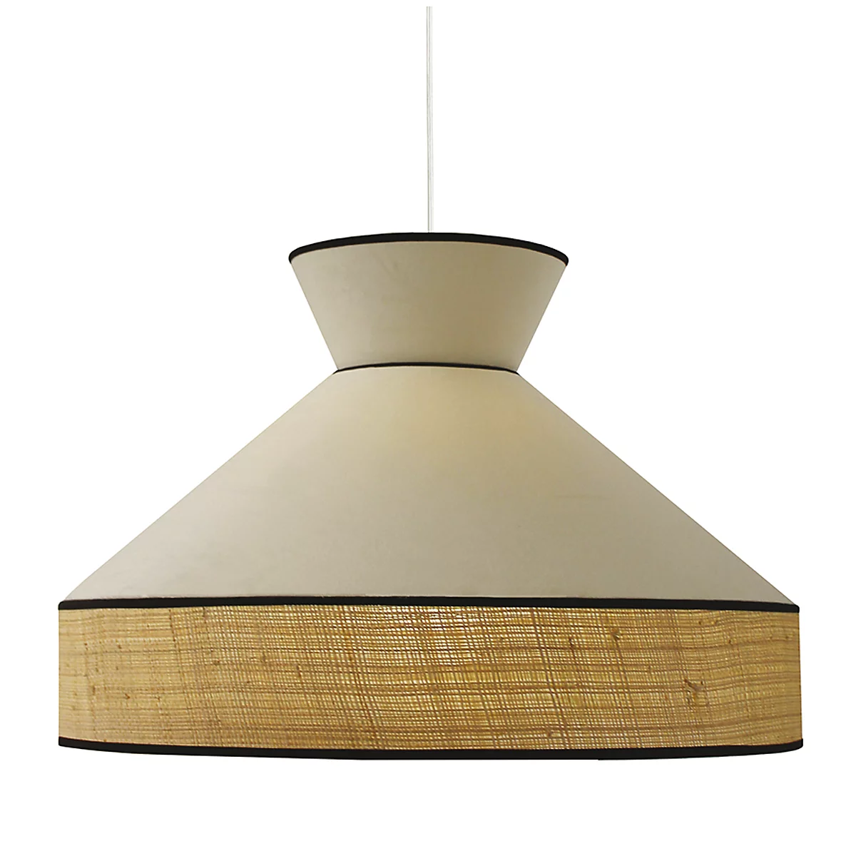 Hanglamp met een lichte lampenkap. Een deel is lichtbeige, daaronder een band van licht raffia.