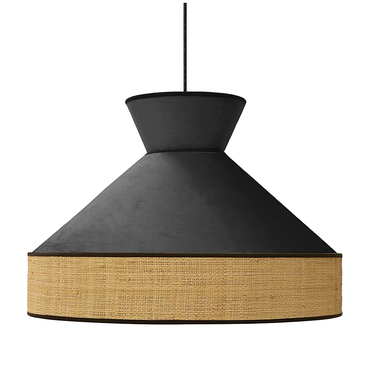 Lampe suspendue, noire avec une partie d'abat-jour claire et tissée.