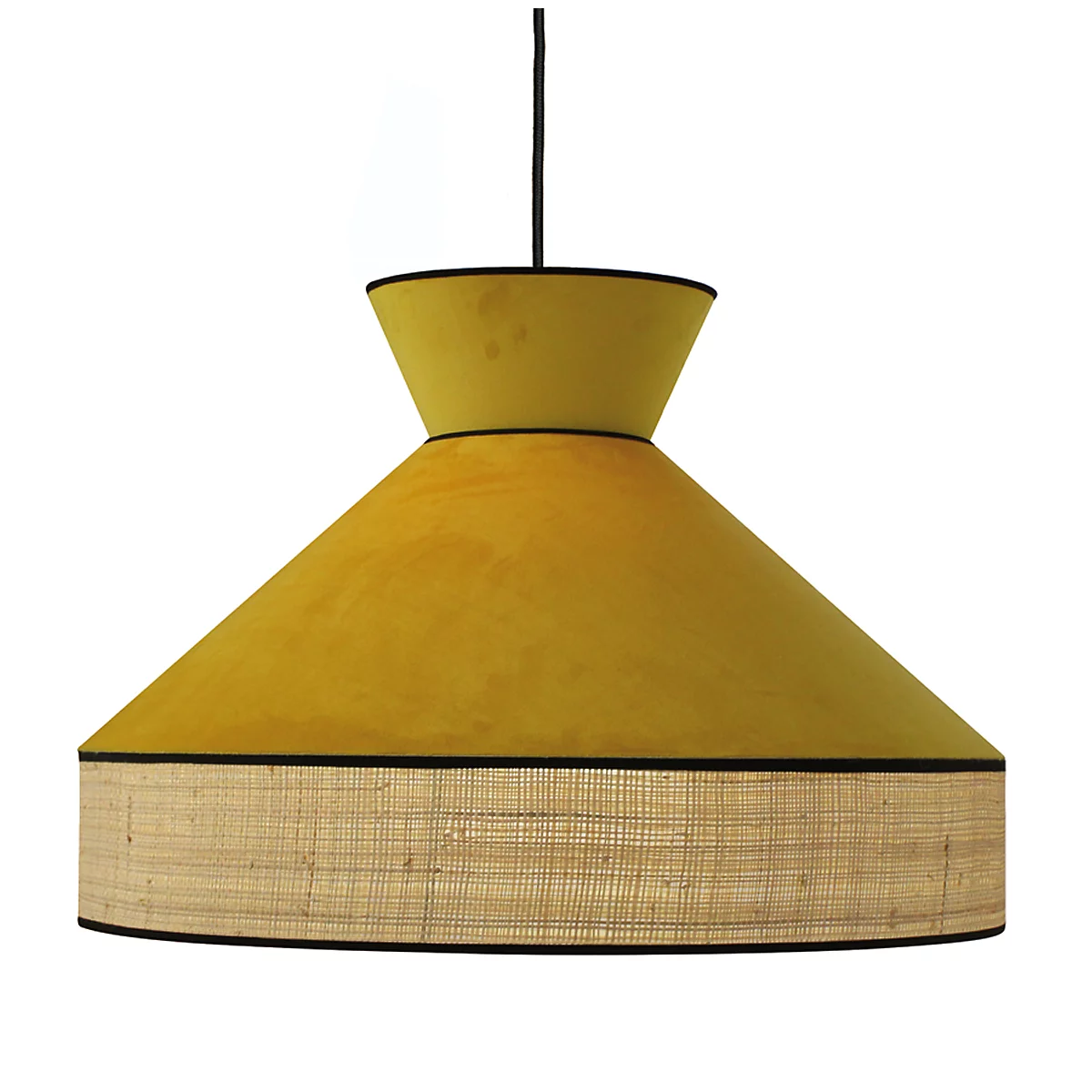 Lampe suspendue jaune avec bordure noire et panier inférieur en fibres naturelles.