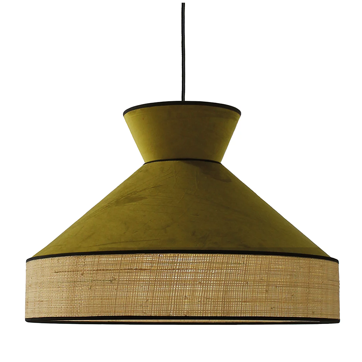 Lampe suspendue vert olive avec bordure noire et abat-jour clair tissé.