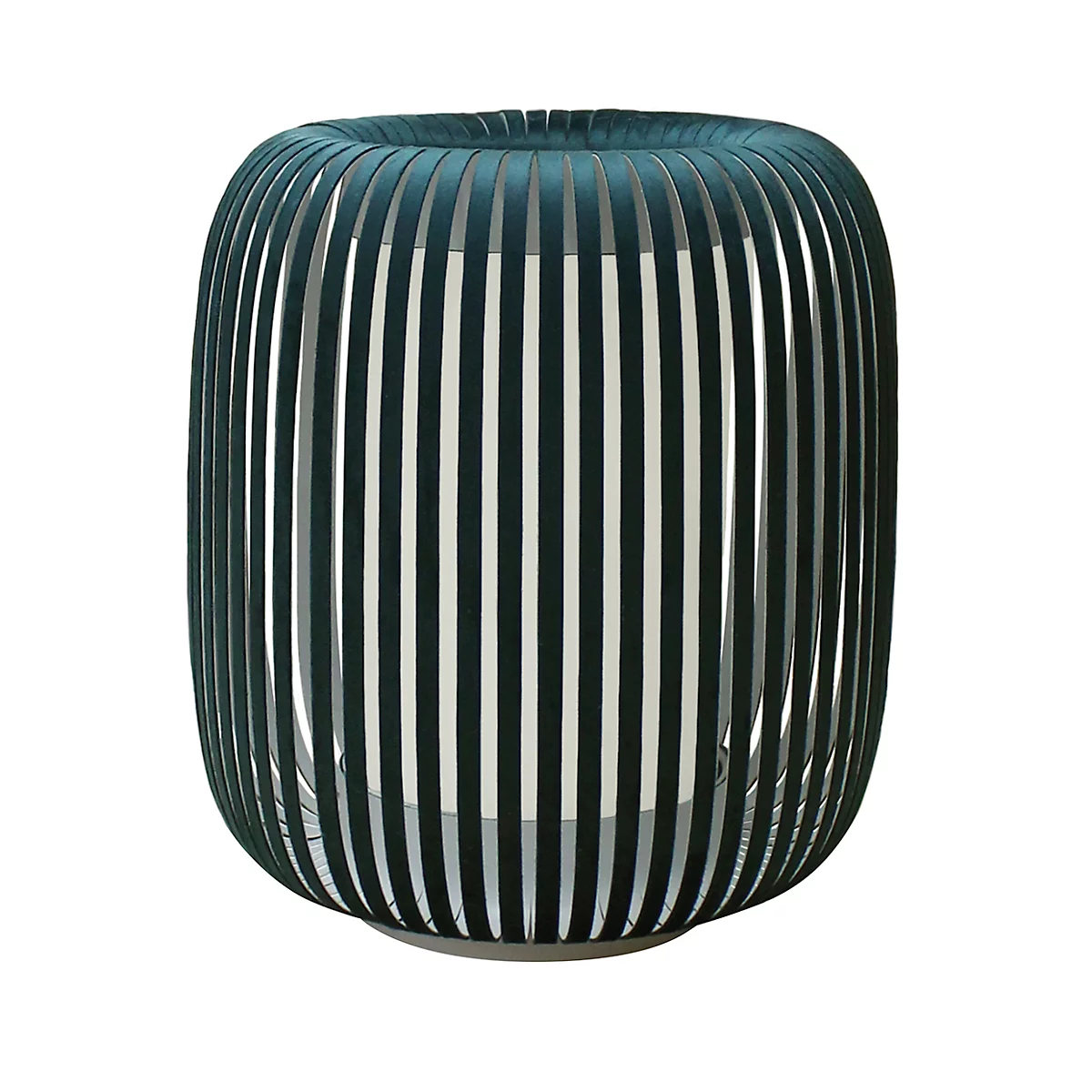 Zylindrische teal-farbene Lampe mit vertikalen Streben. Innen weiß. Auf weißem Hintergrund.
