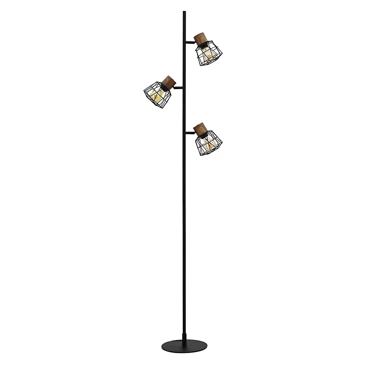 Lampadaire noir avec trois abat-jours réglables. Détails en bois et en fil de fer. Sur une base ronde.