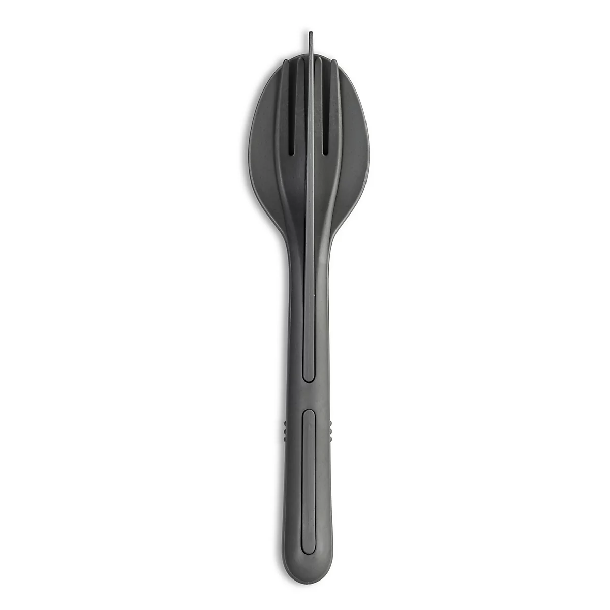 Grijsgroene spork tegen een witte achtergrond. De lepel is aan het uiteinde gevorkt en heeft een lange steel.