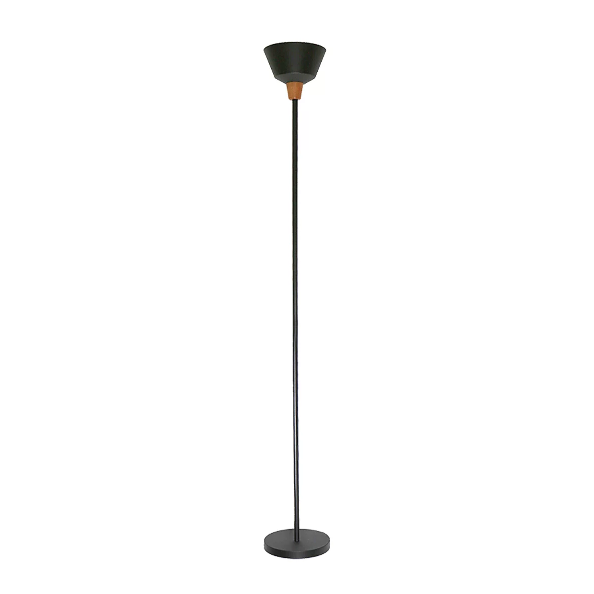 Black and grey floor lamp with a round base and a conical lampshade.