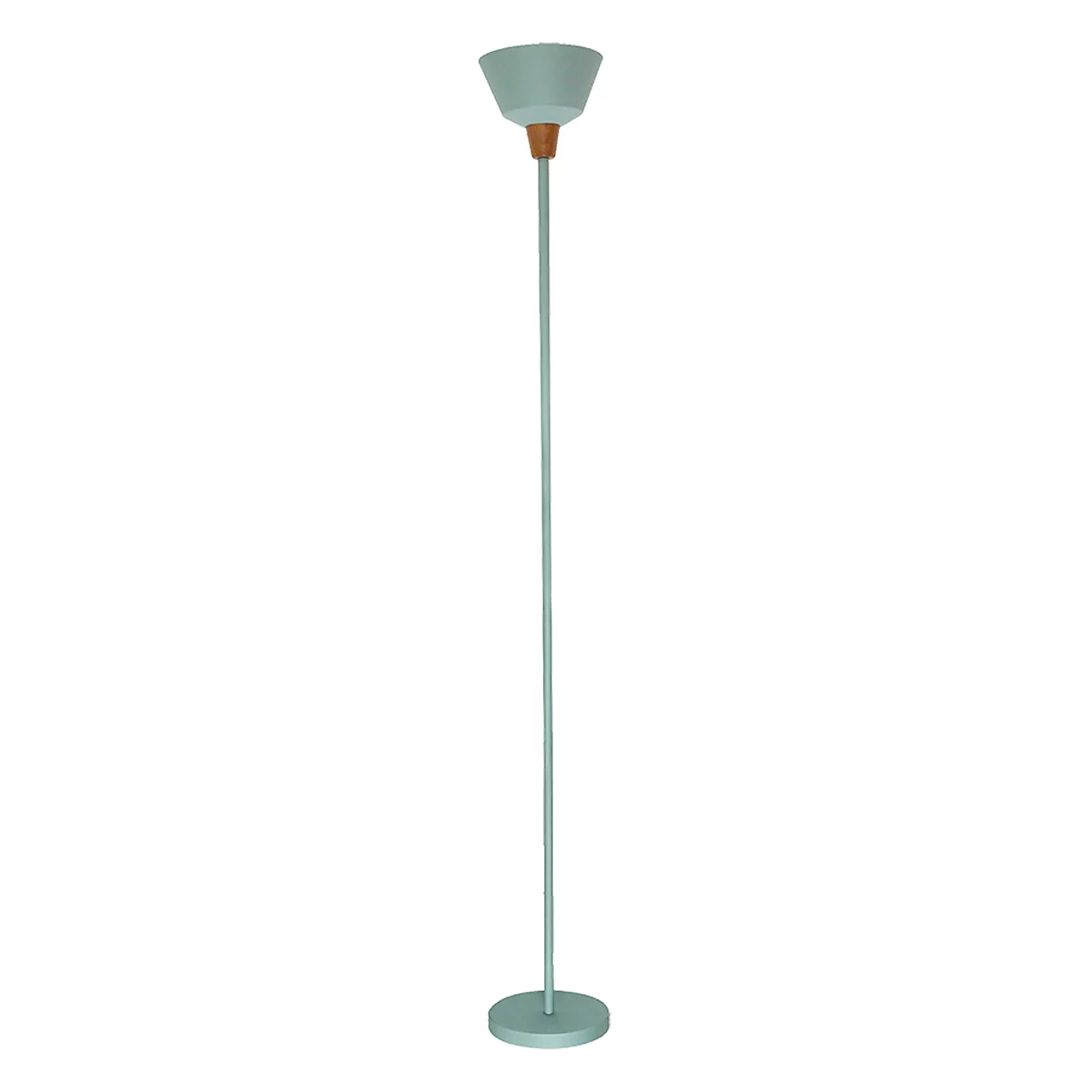 Pastel colored floor lamp, blue lampshade and foot, wooden connection. Standing upright against a white background.