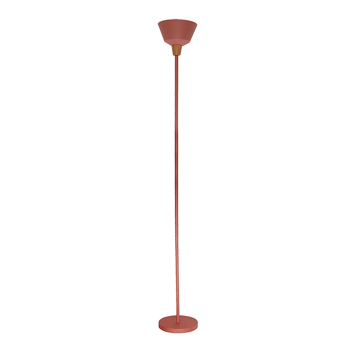 Pink floor lamp on white background. Cone-shaped shade, slender rod, round foot.