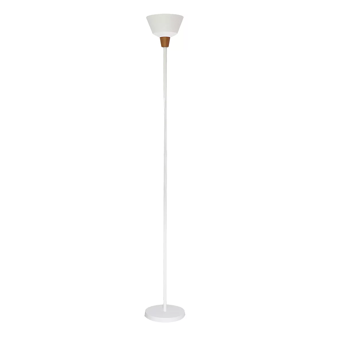 A white floor lamp with a white shade, wood connection and white base.
