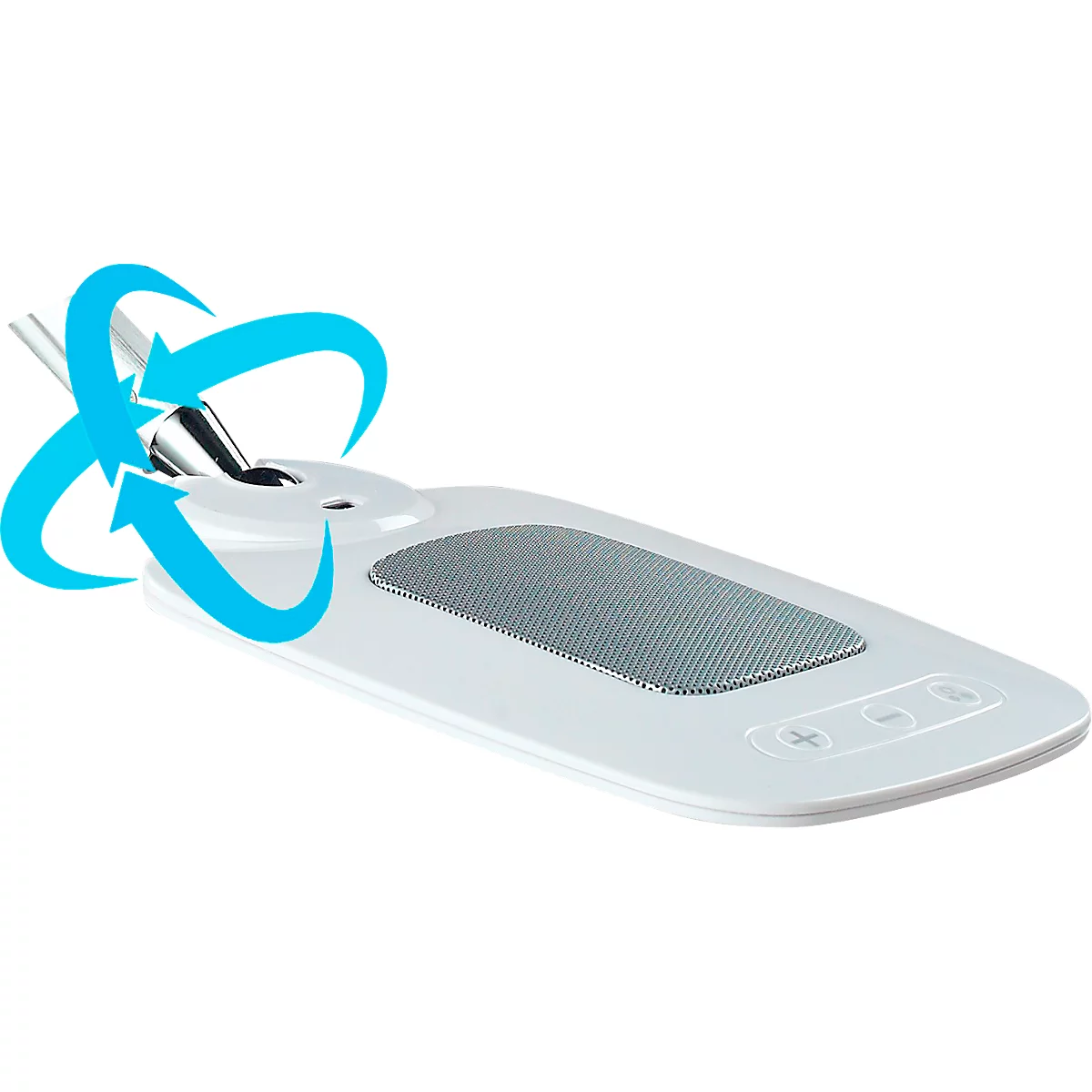 Lampe LED blanche avec haut-parleur. Des flèches bleues indiquent la fonction rotative. Trois boutons sous le haut-parleur.