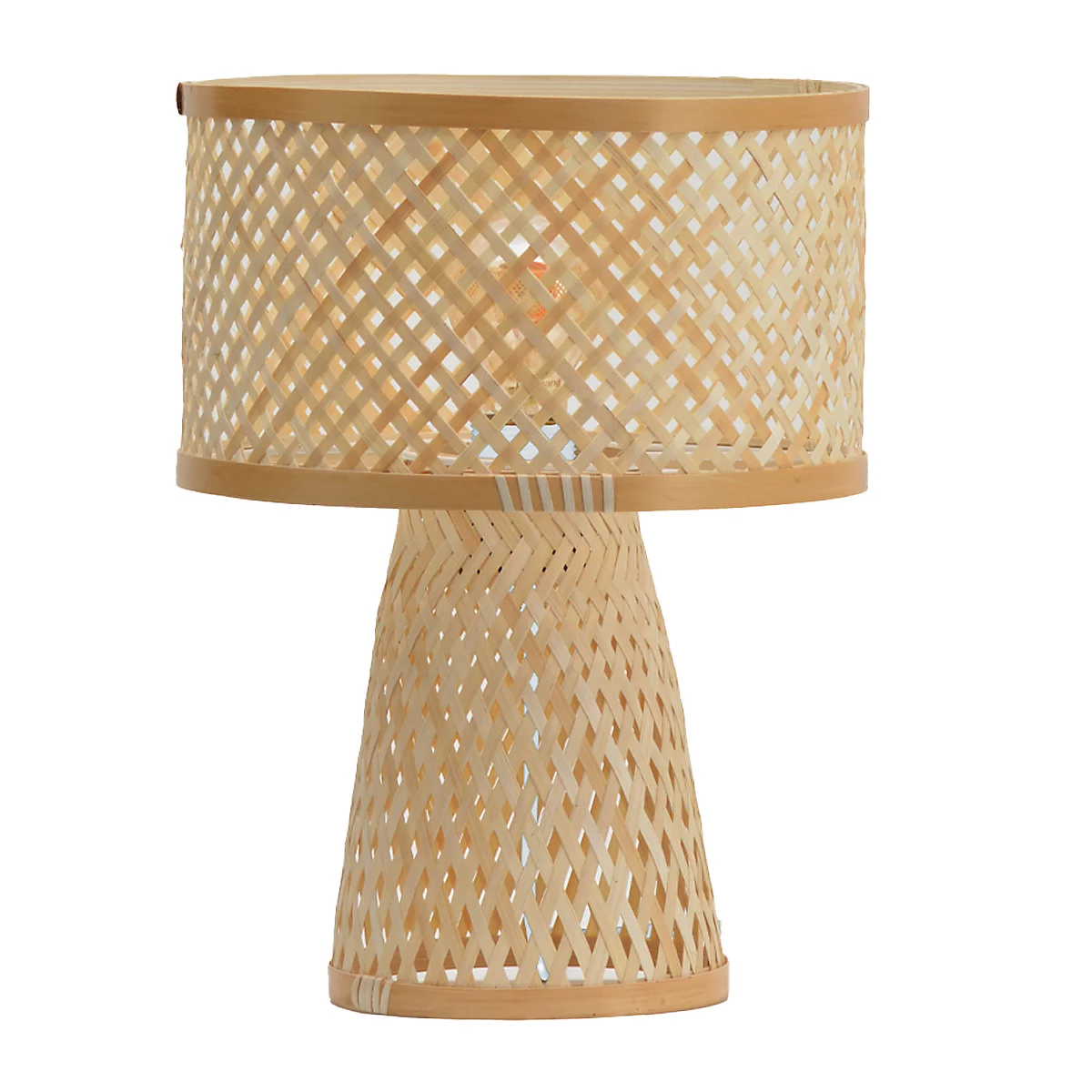 Lampe de table en bambou, abat-jour et pied en motif tissé.