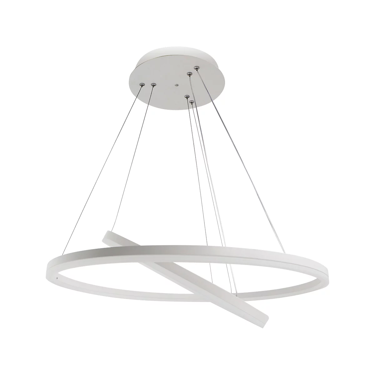 Witte hanglamp met twee elkaar kruisende lichtringen.