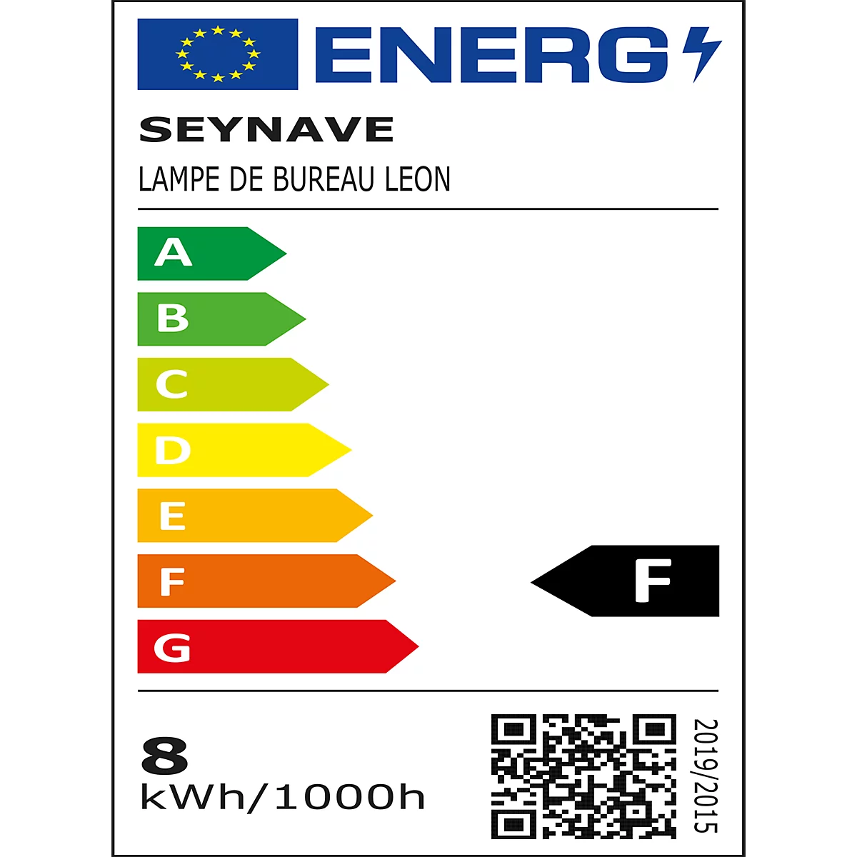Energielabel für eine Schreibtischlampe. Die Skala von A bis G zeigt die Energieeffizienz, wobei F angezeigt wird. 8 kWh/1000h.