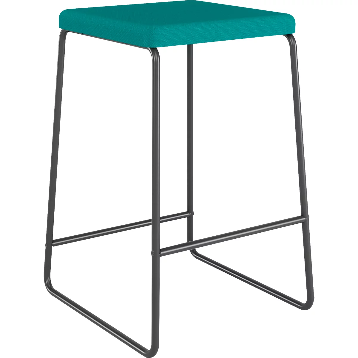 Moderne barkruk met een petrolkleurige, vierkante zitting en een dun, zwart metalen frame.