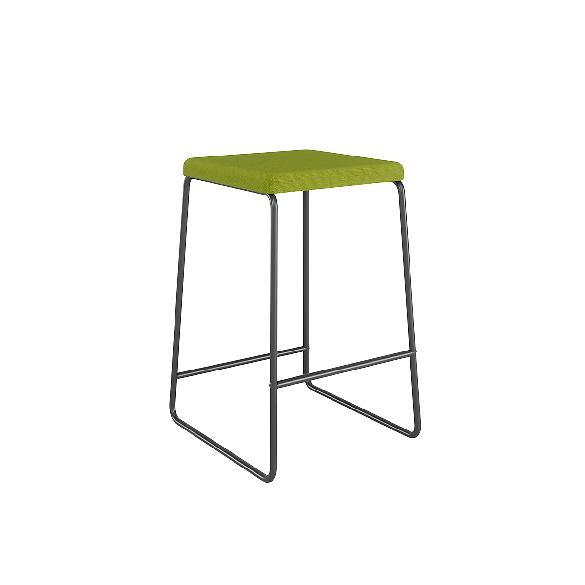 Moderne barkruk met appeltjesgroene vierkante zitting en dun zwart metalen frame.
